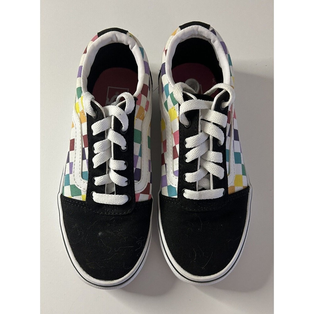 Vans Old Skool Kids Shoes Size 1 Black w/ rainbow Colored Checkerboard pre-own